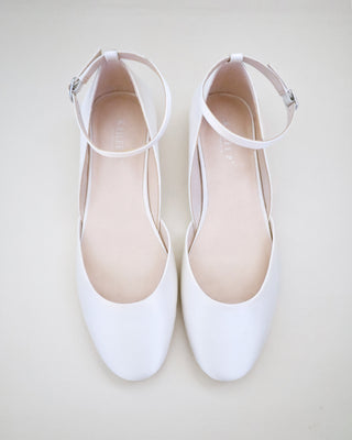 white satin flats wedding shoes with ankle strap