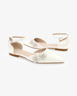 Ivory Satin Pointy Toe Wedding Flats with Rhinestones Chassia Flower