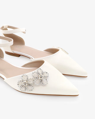 Ivory Satin Pointy Toe Wedding Flats with Rhinestones Chassia Flower