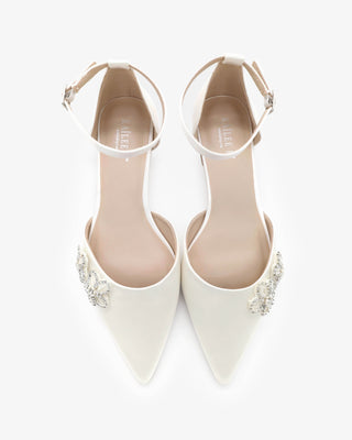 Ivory Satin Pointy Toe Wedding Flats with Rhinestones Chassia Flower