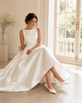Ivory Satin Pointy Toe Kitten Heel Wedding Pumps, Women Shoes
