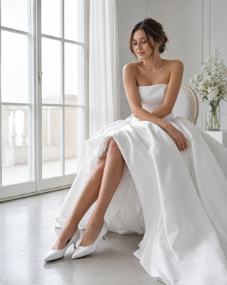 White Satin Pointy Toe Kitten Heel Wedding Pumps with Mini Pearls