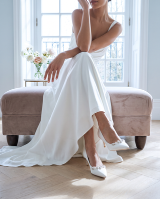 Ivory satin pointy toe kitten heel pumps with Moonlight Pearls embellishment