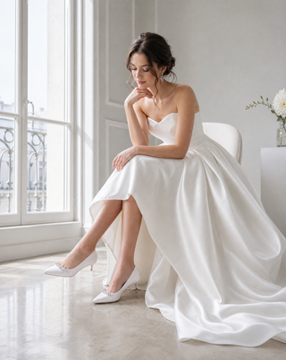 White satin pointy toe kitten heel pumps with Moonlight Pearls embellishment