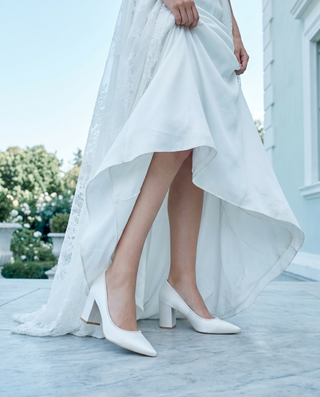 Satin Pointy Toe Block Heels Wedding Pumps with Mini PearlsWomen Shoes