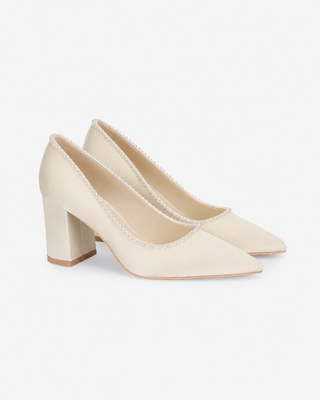 Satin Pointy Toe Block Heels Wedding Pumps with Mini Pearls