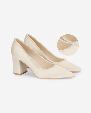 Satin Pointy Toe Block Heels Wedding Pumps with Mini Pearls