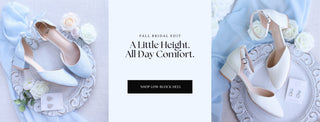 A promotional banner for low block heel shoes, featuring a left side with light blue pointed-toe flats on a white tray with white roses, a right side with white pointed-toe heels with ankle straps on a matching tray, and a central text panel reading 'FALL BRIDAL EDIT. A Little Height.
