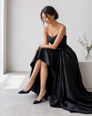 Black Satin Pointy Toe Block Heels Evening Pumps with Astoria Crystal