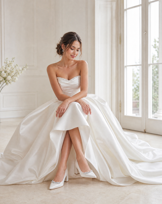 White Satin Pointy Toe Block Heels Wedding Pumps with Astoria Crystal