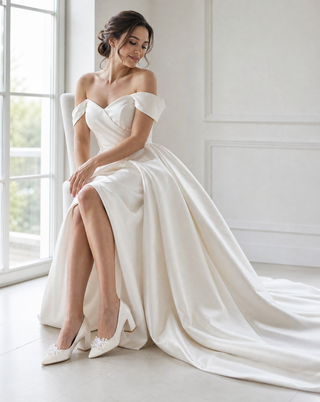 Ivory Satin Pointy Toe Block Heels Wedding Pumps with Frosted Bloom