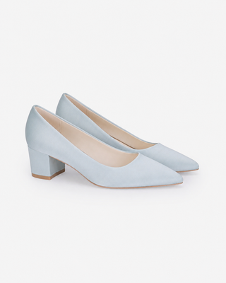 Satin Pointy Toe Low Block Heels Wedding Pumps, Light Blue Bridal Shoes