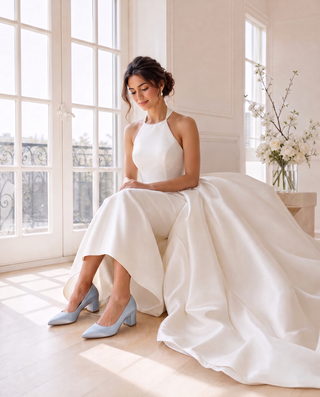 Light Blue Satin Pointy Toe Low Block Heels Wedding Pumps, Women Shoes