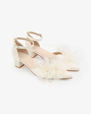 Satin Pointy Toe Low Block Heels Wedding Shoes with Ophelia Flowers