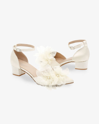 Satin Pointy Toe Low Block Heels Wedding Shoes with Ophelia Flowers