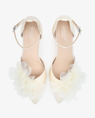 Satin Pointy Toe Low Block Heels Wedding Shoes with Ophelia Flowers