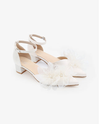 Satin Pointy Toe Low Block Heels Wedding Shoes with Ophelia Flowers
