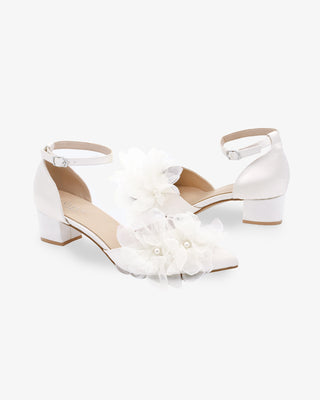 Satin Pointy Toe Low Block Heels Wedding Shoes with Ophelia Flowers