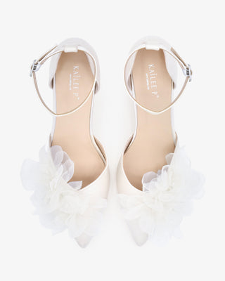 Satin Pointy Toe Low Block Heels Wedding Shoes with Ophelia Flowers