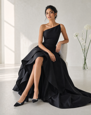 Black Satin Pointy Toe Low Block Heels Evening Pumps with Astoria Crystal