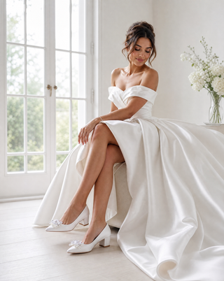 White Satin Pointy Toe Low Block Heels Wedding Pumps with Frosted Bloom
