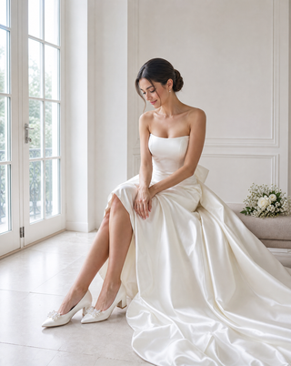 Ivory Satin Pointy Toe Low Block Heels Wedding Pumps with Frosted Bloom