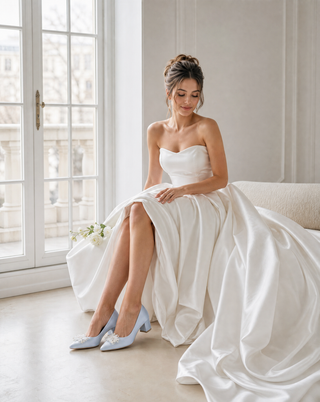 Light Blue Satin Pointy Toe Low Block Heels Wedding Pumps with Frosted Bloom