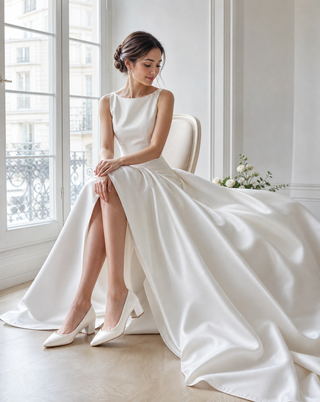 Ivory Satin Pointy Toe Low Block Heels Wedding Pumps with Mini Pearls