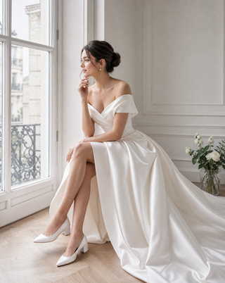 White Satin Pointy Toe Low Block Heels Wedding Pumps with Mini Pearls