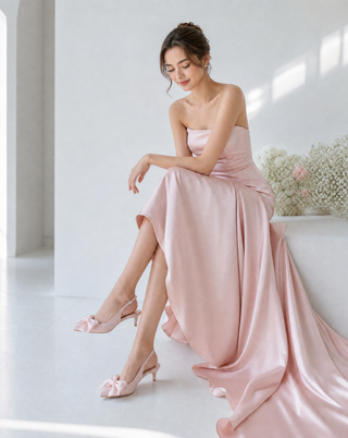 Dusty Pink satin pointy toe kitten heel slingback pumps with Front Satin Bow embellishment