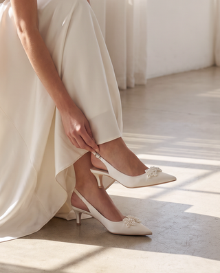 Ivory satin pointy toe kitten heel slingback pumps with Button Brooch embellishment
