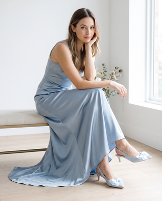 Light Blue satin pointy toe kitten heel slingback pumps with Front Satin Bow embellishment