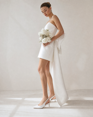 White satin pointy toe kitten heel slingback pumps with Scattered Pearls embellishment
