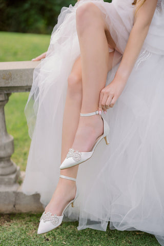 Satin Pointy Toe Low Heels with Rhinestones Applique