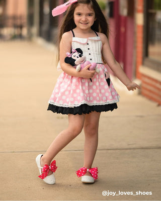 White Rock Glitter Mary Jane Flats with Fuchsia Polka Dot Grosgrain BowKids Shoes