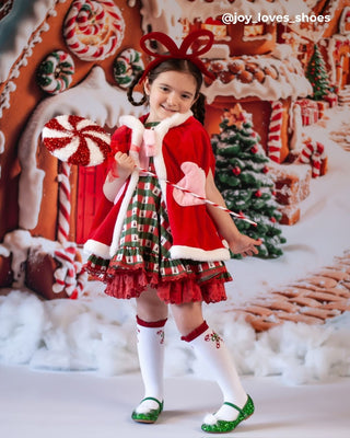 Rock Glitter Mary Jane Ballet Flats with White Faux Fur PuffKids Shoes