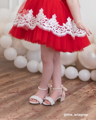 Satin Girls Block Heel Evening Sandals with Perla AppliqueKids Shoes