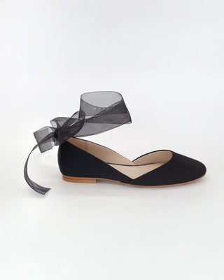Black Satin Round Toe Evening Flat with Wrapped Ribbon TieWomen Shoes