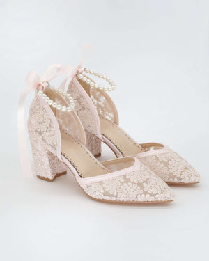 Dusty Pink Lace Block Heel Evening Shoes with All Pearls Ankle Strap