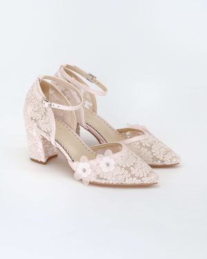 Dusty Pink Lace Block Heels Evening Shoes with Flower Applique