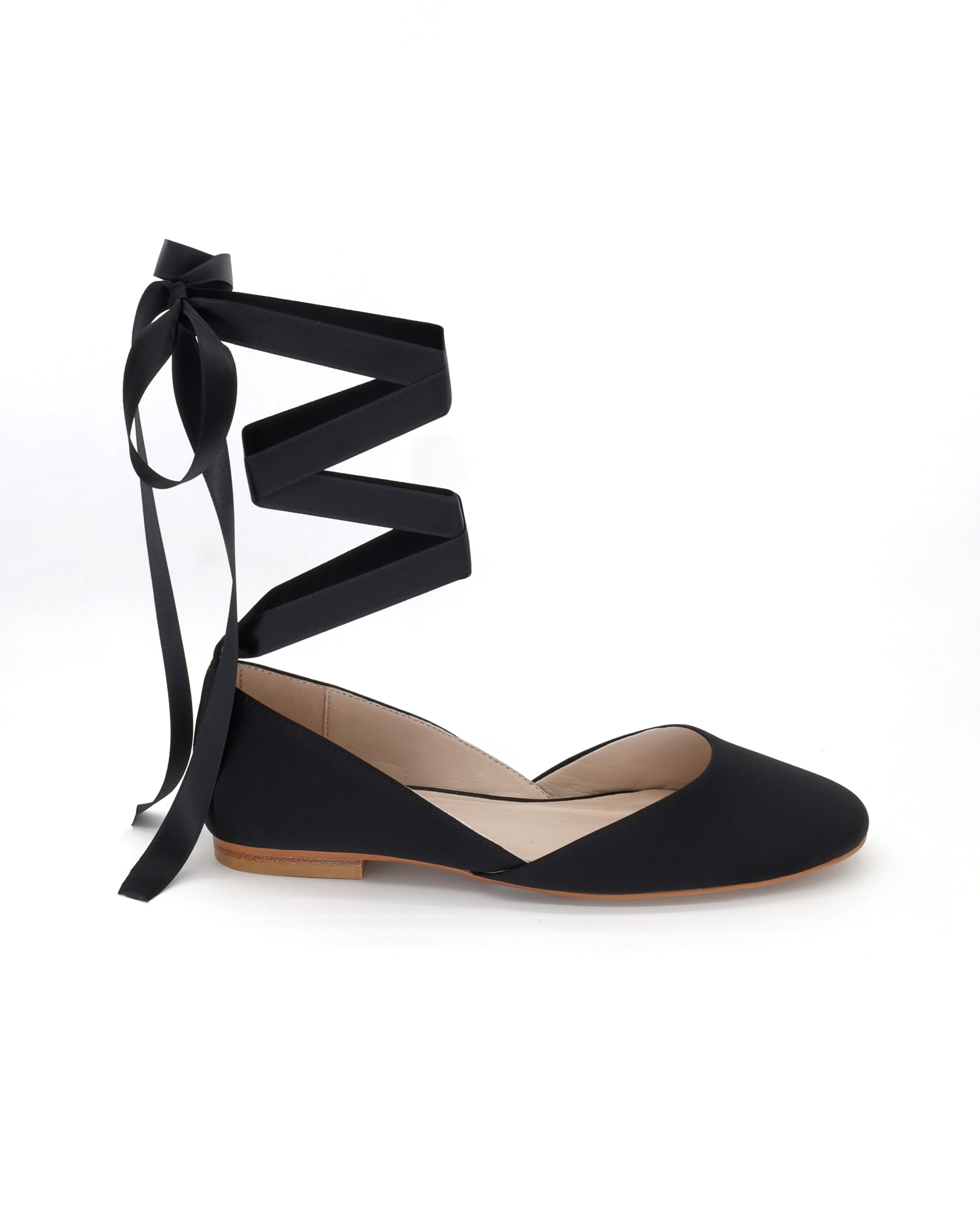 Black Satin Round Toe Flat with Ballerina Lace Up, Bridesmaid Shoes 9 Black Satin Round Toe Flat with Ballerina Lace Up, Bridesmaid Shoes 9