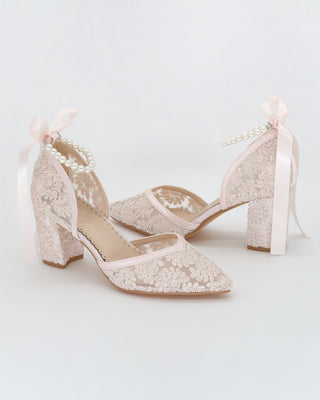 Dusty Pink Lace Block Heel Evening Shoes with All Pearls Ankle Strap