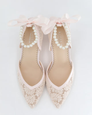 Dusty Pink Lace Block Heel Evening Shoes with All Pearls Ankle Strap