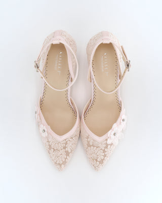 Dusty Pink Lace Block Heels Evening Shoes with Flower Applique
