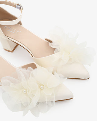 Ivory Satin Pointy Toe Low Block Heels Wedding Shoes with Ophelia Flowers