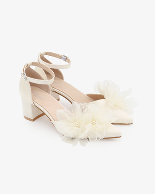 Ivory Satin Pointy Toe Low Block Heels Wedding Shoes with Ophelia Flowers