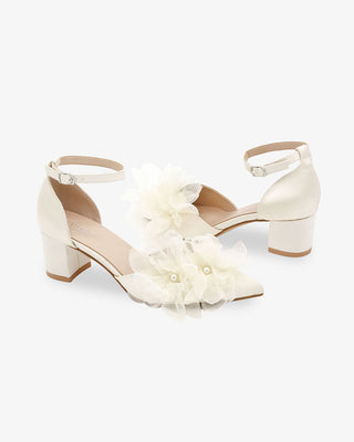 Ivory Satin Pointy Toe Low Block Heels Wedding Shoes with Ophelia Flowers