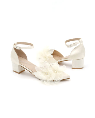 Satin Pointy Toe Low Block Heels Wedding Shoes with Ophelia Flowers
