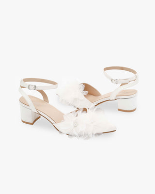 White Satin Pointy Toe Low Block Heels Wedding Shoes with Ophelia Flowers