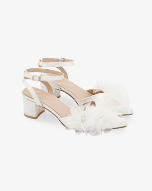 Satin Pointy Toe Low Block Heels Wedding Shoes with Ophelia Flowers